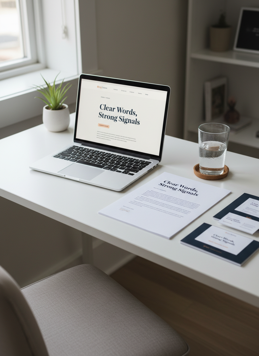 A cozy yet modern small-business office corner with a compact white desk supporting an open laptop showing a simple, well-formatted website homepage with clear, bold messaging. Beside it, a neatly stacked pile of branded materials—a letterhead, a brochure, and a business card set—share a consistent typography and color palette in soft navy and warm copper. A cork coaster holds a clear glass of water, and a small, thriving plant introduces organic texture. Natural daylight from a nearby window bathes the scene in soft, even light, with minimal shadow. Photographed from a three-quarter angle at desk height, with a shallow depth of field focusing on the printed headline “Clear Words, Strong Signals,” the mood is approachable, confident, and distinctly professional.
