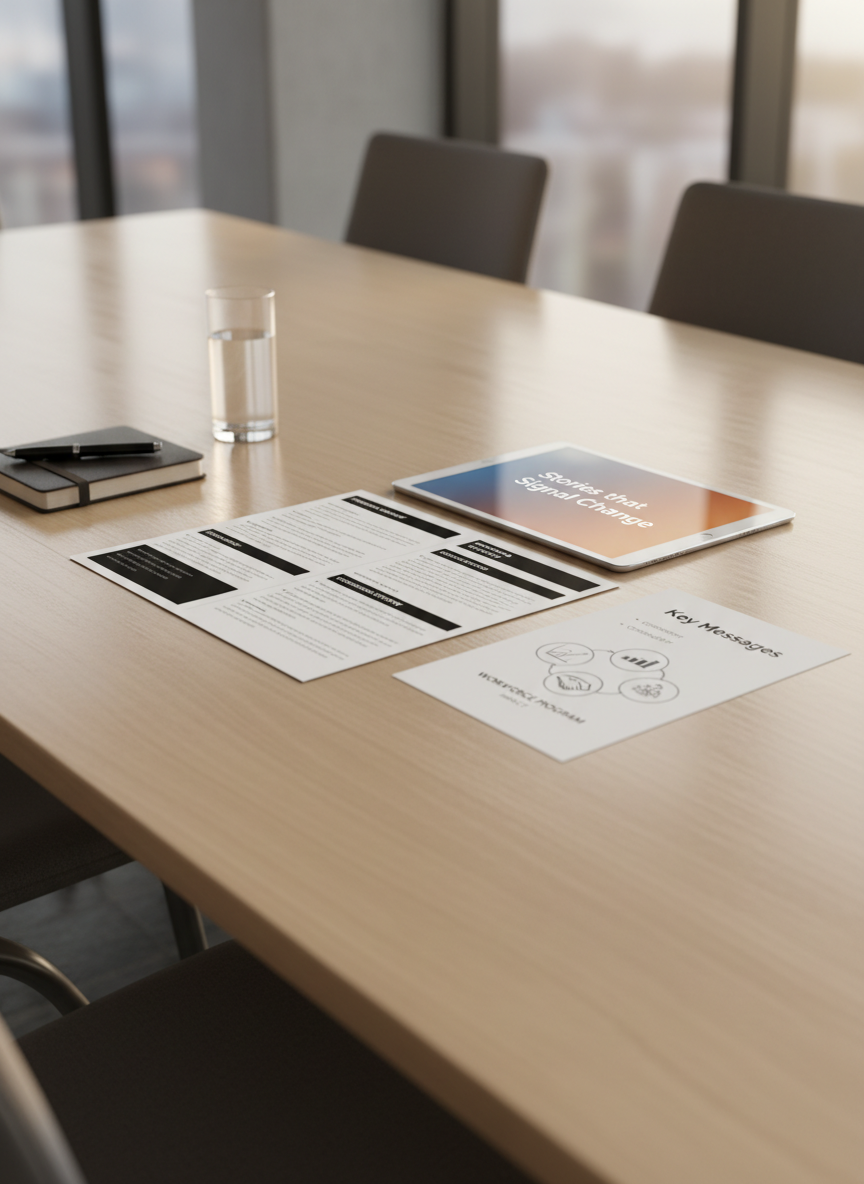 A polished conference table made of light ash wood with a single, carefully arranged set of materials representing a communications briefing: a concise two-page brief with bold section headers, a one-page summary sheet titled “Key Messages,” and a simple infographic illustrating impact for a workforce program. A slim tablet displays a clean slide with the headline “Stories that Signal Change” over a muted gradient background. A glass of water and a small, dark notebook sit neatly to one side. Gentle golden-hour light streams in from tall windows out of frame, creating warm reflections on the table’s surface and delicate shadows behind the papers. Shot from a low, diagonal angle with moderate depth of field, the scene feels polished, calm, and decisively professional.