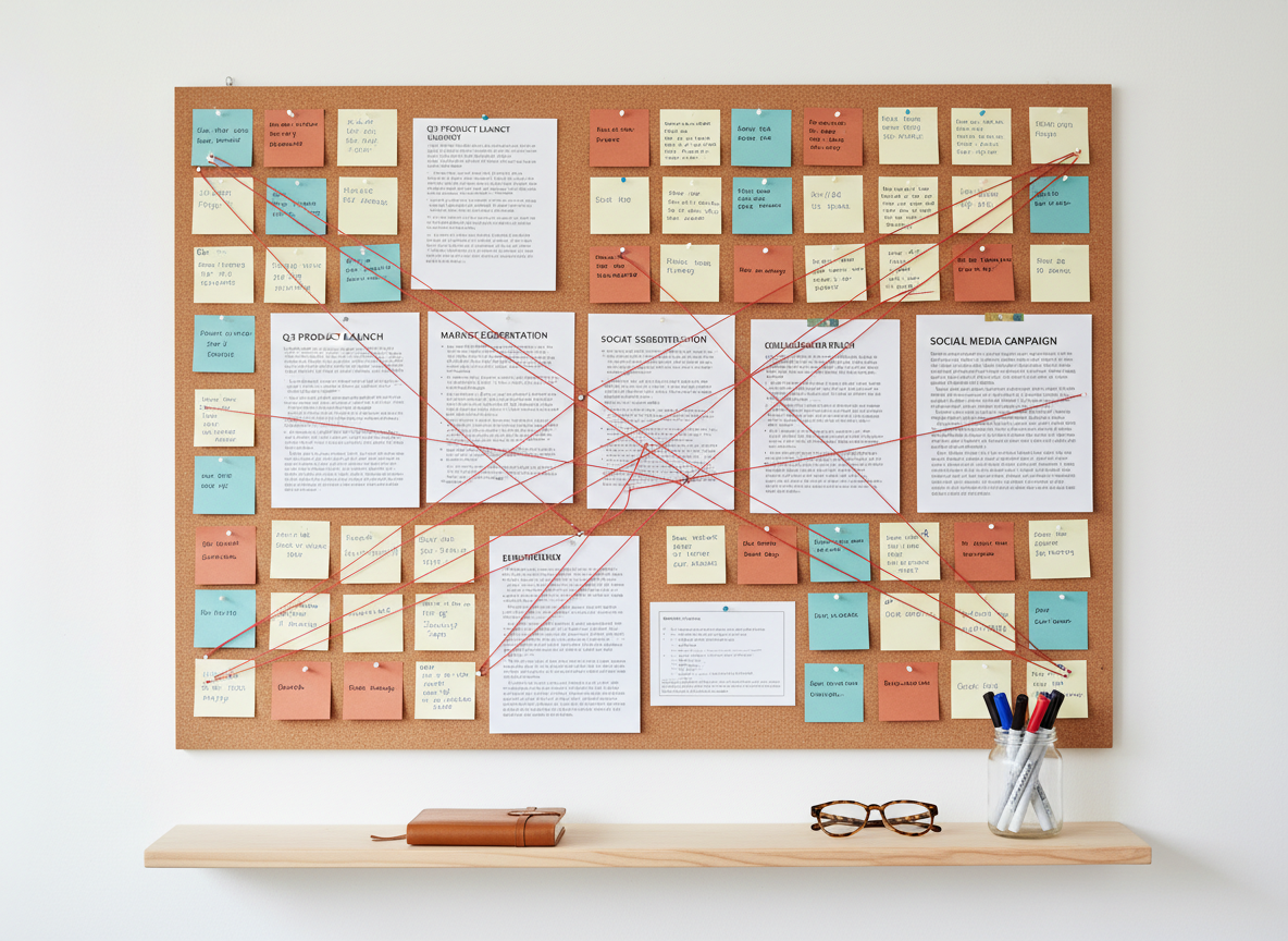 A large cork message board mounted on a smooth white wall, covered with neatly arranged index cards, color-coded sticky notes in subtle blues and earth tones, and printed sheets featuring concise headlines and short paragraphs. Red string connects related cards, forming a clear visual structure of a communication strategy. A narrow wooden ledge beneath the board holds a closed notebook, a pair of reading glasses, and a set of fine-point markers. Diffused overcast light from an unseen window gently illuminates the scene, minimizing harsh shadows. Captured straight-on at eye level with sharp focus throughout, the composition feels organized and methodical, conveying strategic messaging and thoughtful planning in a clean, modern photographic style.