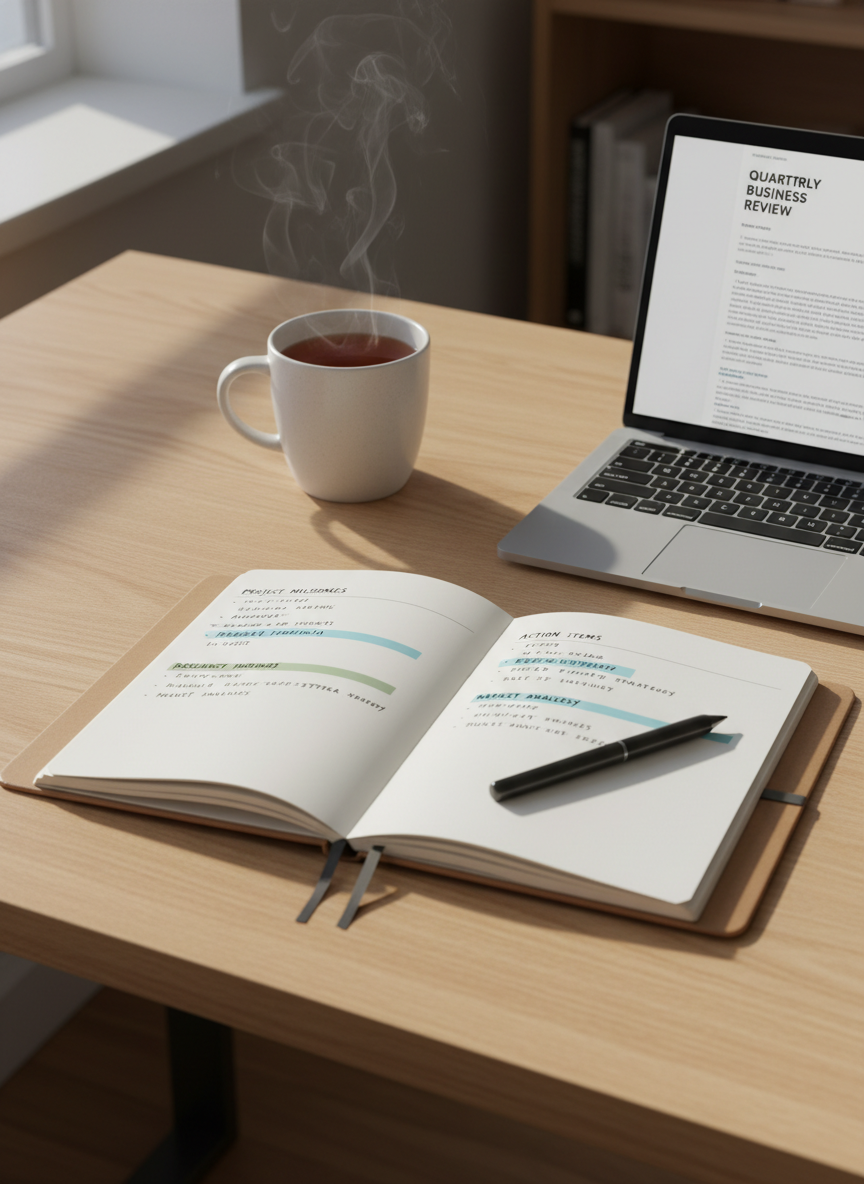 A clean, minimal wooden desk surface with a single open notebook at the center, its crisp white pages filled with neatly structured headings, bullet points, and highlighted key phrases in muted blues and greens. Beside it, a slim silver laptop displays a clear, uncluttered document layout with bold, readable headings. A matte black pen rests diagonally across the notebook, and a simple ceramic mug of tea sits near the top edge. Soft morning daylight enters from the left, casting gentle, elongated shadows and creating a calm, focused atmosphere. Shot from a slightly elevated, eye-level angle with a shallow depth of field, the foreground in sharp photographic realism and the background softly blurred, emphasizing clarity, organization, and professional written communication.