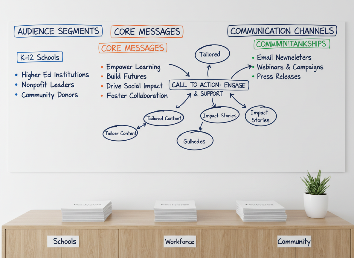 A bright, contemporary workspace featuring a large whiteboard wall filled with neatly hand-written phrases, arrows, and boxed key messages in deep navy marker, clearly outlining a communications plan for education and nonprofit audiences. Color-coded sections divide audience, message, and channels. Below, a light oak credenza holds orderly stacks of reports labeled “Schools,” “Workforce,” and “Community,” alongside a small potted plant adding a touch of green. Soft, even studio-style lighting eliminates harsh contrasts, making every word legible. Captured with a wide, eye-level composition and sharp focus from edge to edge, the photographic realism and uncluttered environment convey clarity, structure, and big-picture storytelling for mission-driven organizations.