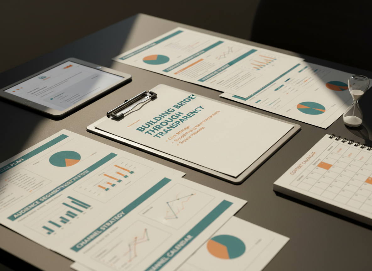 A stack of printed communication plans fanned out across a matte charcoal tabletop, each page featuring structured sections, bold headings, and simple charts in muted teal and amber. A sleek metal clipboard at the center holds a one-page messaging framework with a prominently highlighted core message and supporting points. Around the edges sit a tablet displaying a clean email layout, a spiral-bound content calendar, and a small, understated sand timer. Warm, indirect afternoon light from the right casts soft, directional shadows, creating subtle depth without clutter. Photographed from a slightly elevated angle, with the clipboard in crisp focus and edges gently softening, the mood is focused and professional, emphasizing organized, intentional communication strategy in realistic, modern imagery.