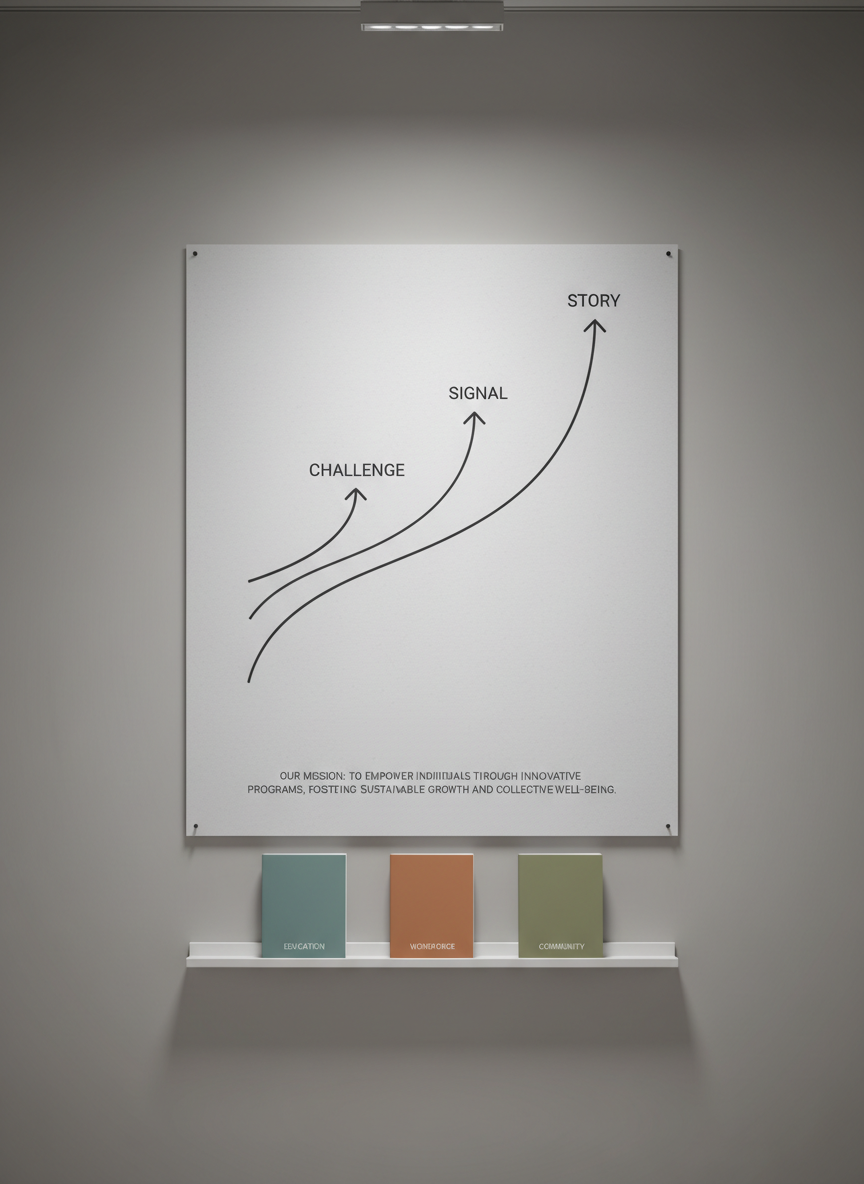 A large, matte poster pinned to a neutral gray wall, displaying a narrative arc diagram for a nonprofit’s impact story: simple curved lines map “Challenge,” “Signal,” and “Story,” with short, clearly printed captions in dark charcoal ink. Beneath the diagram, a concise paragraph explains the organization’s mission in plain, readable language. A narrow floating shelf directly below the poster holds three slim case-study booklets with minimalist covers labeled “Education,” “Workforce,” and “Community,” each in a different muted accent color. Soft, diffused gallery-style lighting from above highlights the poster’s texture and creates gentle vignetting at the edges. Captured straight-on with precise, photographic realism and ample negative space around the poster, the composition feels thoughtful, calm, and conceptually rich, emphasizing structured storytelling and clarity of message.